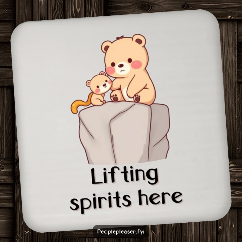 Funny Coaster: A caring bear gently helps a smaller creature onto a high ledge, a humorous and decorative addition to any tabletop.
