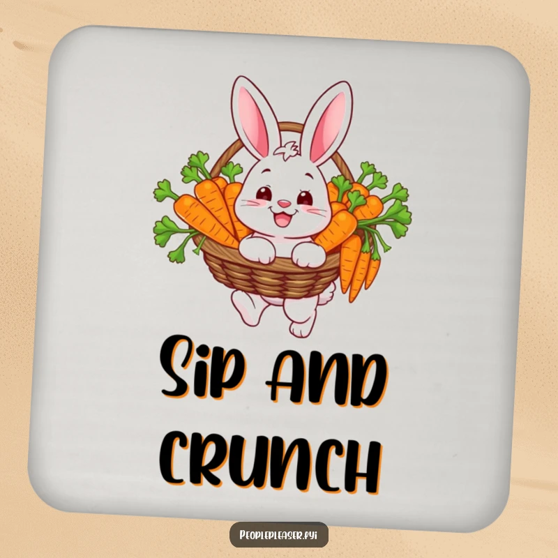 Funny drink coaster featuring a happy bunny character carrying a basket full of carrots, bringing harvest cheer to any drink.