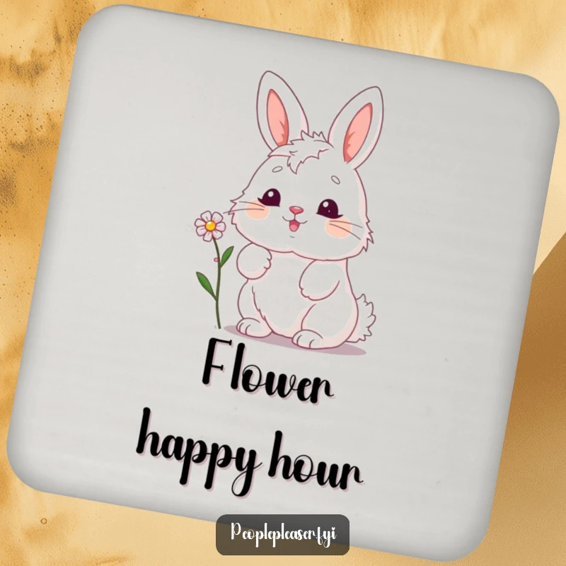Funny bunny drink coasters, joyfully offering a small flower, adding a touch of humorous sweetness and protecting surfaces.