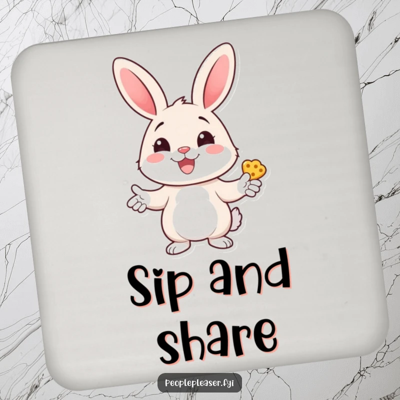 Funny bunny drink coaster featuring a cheerful bunny character handing out treats with a wide smile, protecting surfaces with humorous flair.
