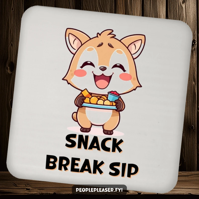Funny drink coasters with a cheerful animal character holding a tray full of snacks, perfect for any table.