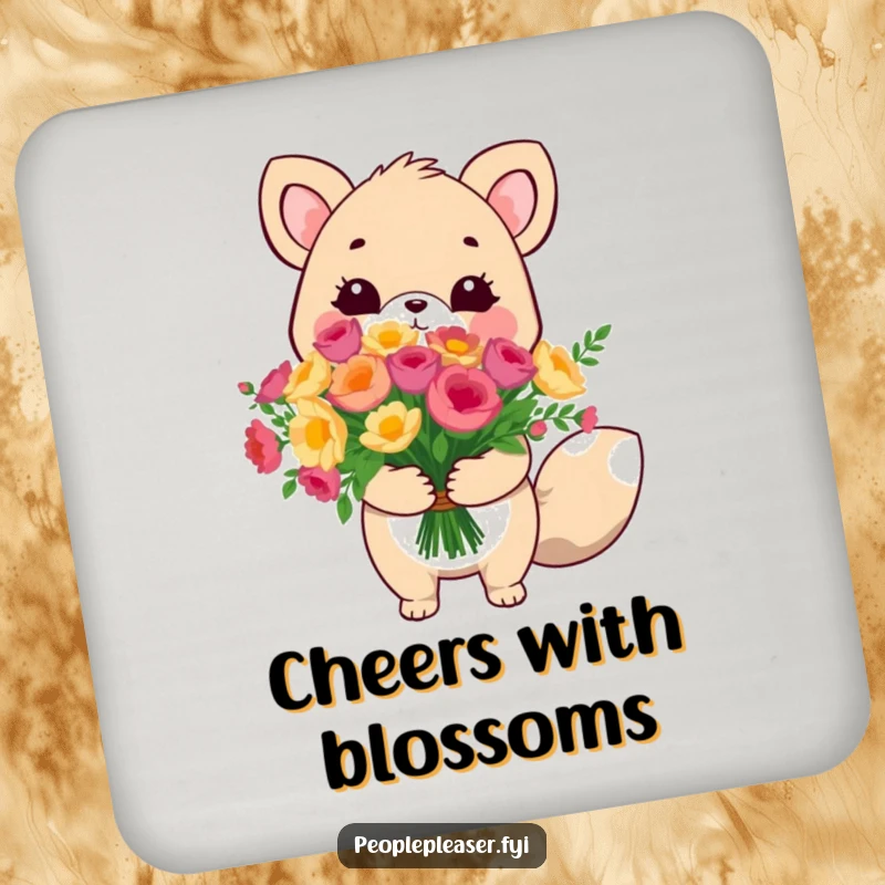 Funny cute animal coaster, holding a large bouquet with a sweet expression, a humorous and practical table accessory.