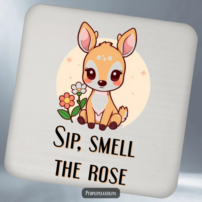 Funny drink coaster featuring a charming deer character presenting a flower, adding a humorous decorative element.