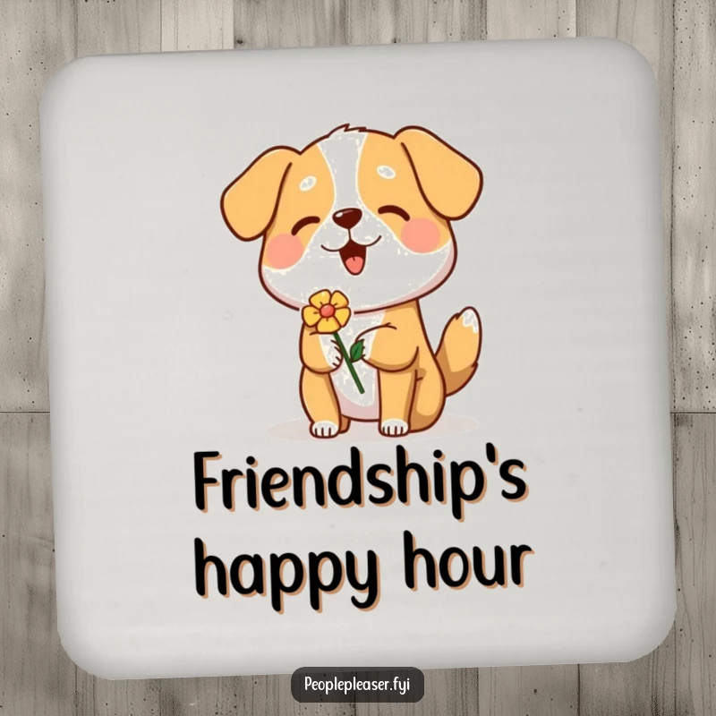 Funny Dog Coasters set showing a cheerful dog offering a flower, protecting surfaces with adorable and humorous art.