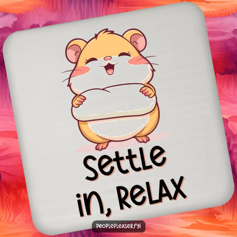 Funny drink coaster featuring a giggling hamster character presenting a perfectly rolled piece of bedding, bringing cozy charm to any drink.