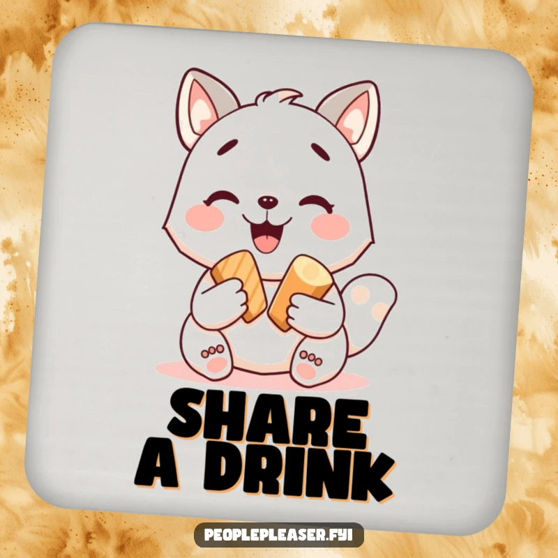 Funny drink coaster showcasing a happy animal character sharing a treat, protecting surfaces with charm. A delightful funny gift.