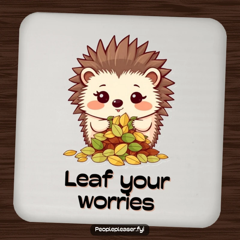 Funny drink coaster showcasing a proud hedgehog character showing off a neatly organized pile of leaves, adding organized charm to surfaces.