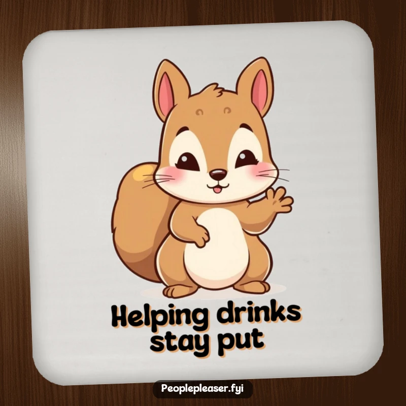 Funny drink coasters featuring a diligent squirrel character offering a helping paw, adding a touch of warmth.