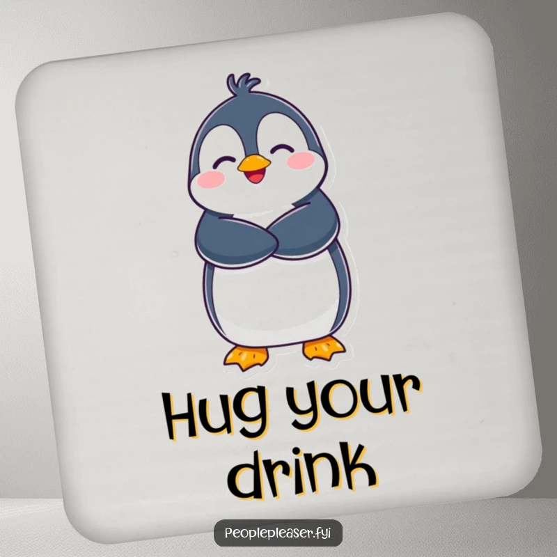 Funny Penguin Coaster: A delighted penguin character gives a warm hug, keeping surfaces safe. Adorable funny gift!