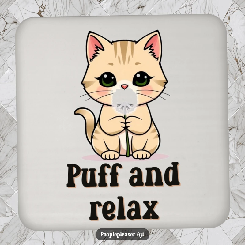 Funny cat coaster featuring a charming cat offering a dandelion puff, adding cute and whimsical protection to any surface.