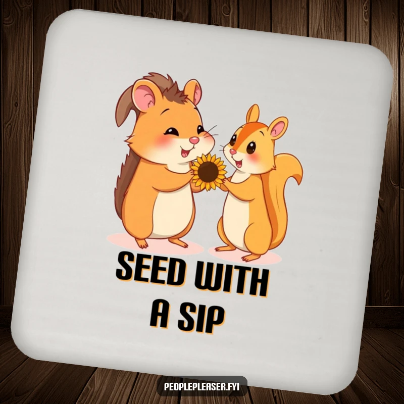 Funny drink coasters showcasing a hamster offering a sunflower seed to a squirrel, adding humor to any table setting.