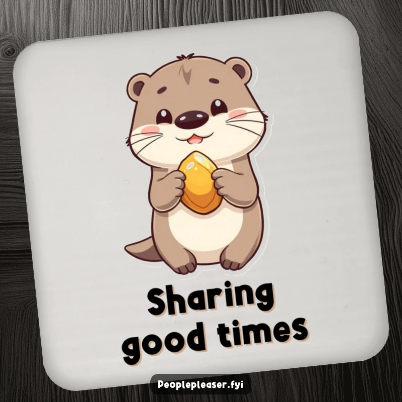 Funny drink coaster showing a playful otter sharing a shiny stone, protecting tables with humor.