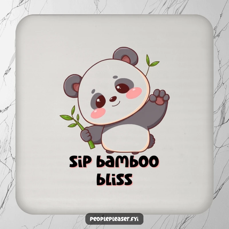 Funny drink coaster showcasing a blushing panda character offering a single bamboo shoot with a sweet smile, adding charm to surfaces.