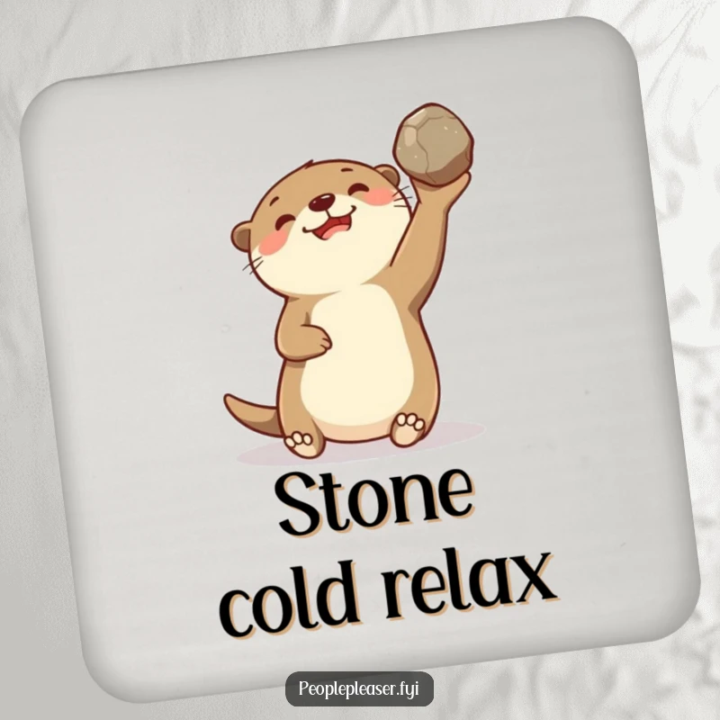 Funny drink coaster showcasing a delighted otter character gleefully tossing a smooth stone, adding humor to table protection.
