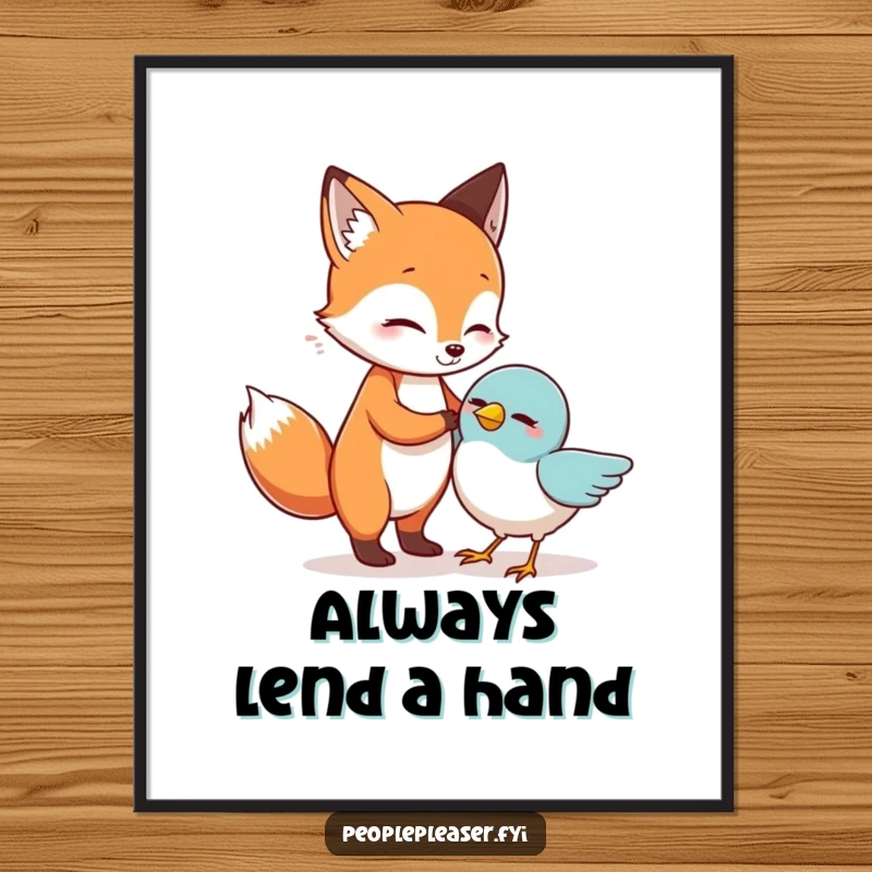 Funny Poster: A caring fox helps a bird regain its footing, a funny and touching illustration.