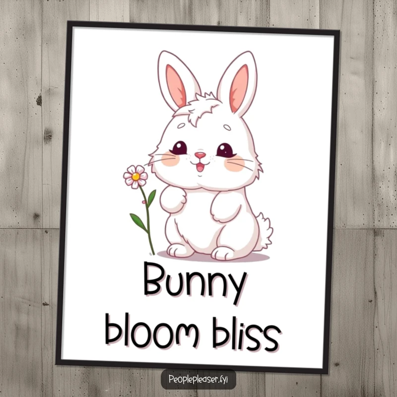 Funny bunny poster, enthusiastically nodding while presenting a small flower, radiating pure joy and offering a moment of kindness.