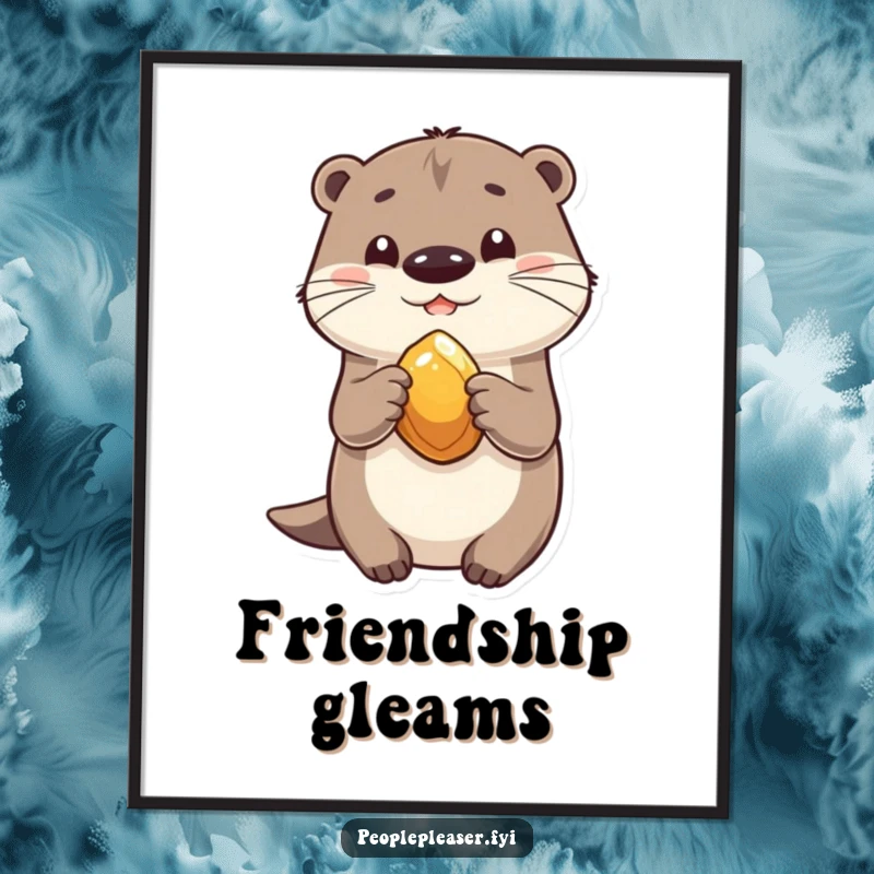 Funny poster art of a playful otter happily sharing a shiny stone, emphasizing friendship and generosity.