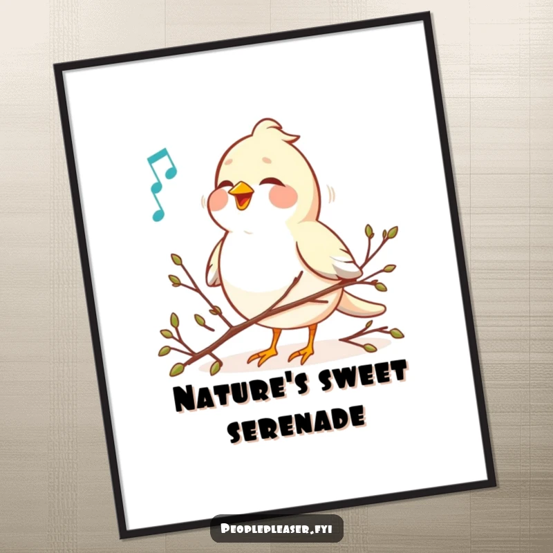 Funny bird singing a sweet melody, arranging tiny twigs on a poster, vibrant wall art for music and nature fans.