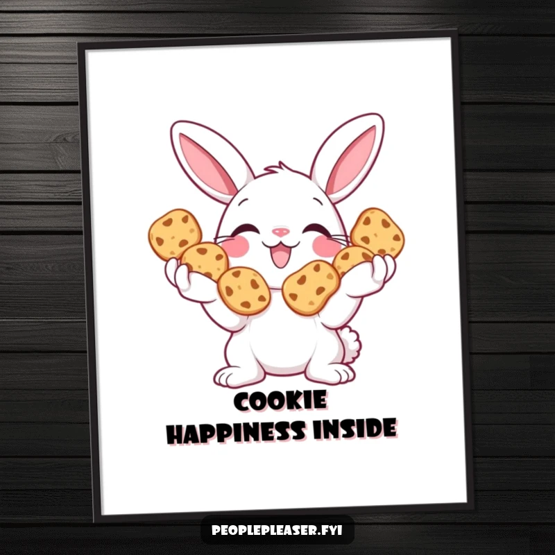 Funny Bunny Poster showing a happy bunny generously holding out a pile of cookies, perfect for kitchen or nursery decor.