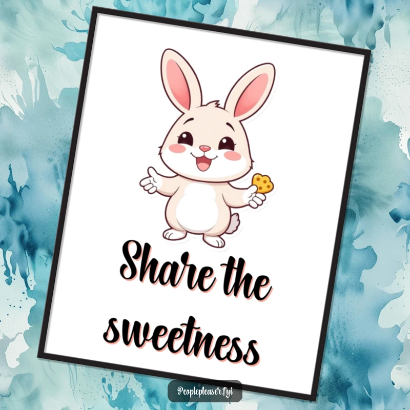 Funny bunny poster depicting a cheerful bunny character handing out treats with a wide smile, adding sweetness and humor to any wall.