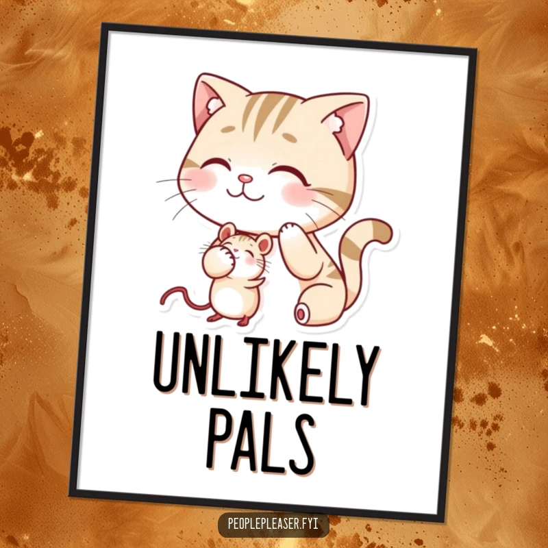 Funny poster print of a smiling cat patting a mouse on the head, charming wall art.