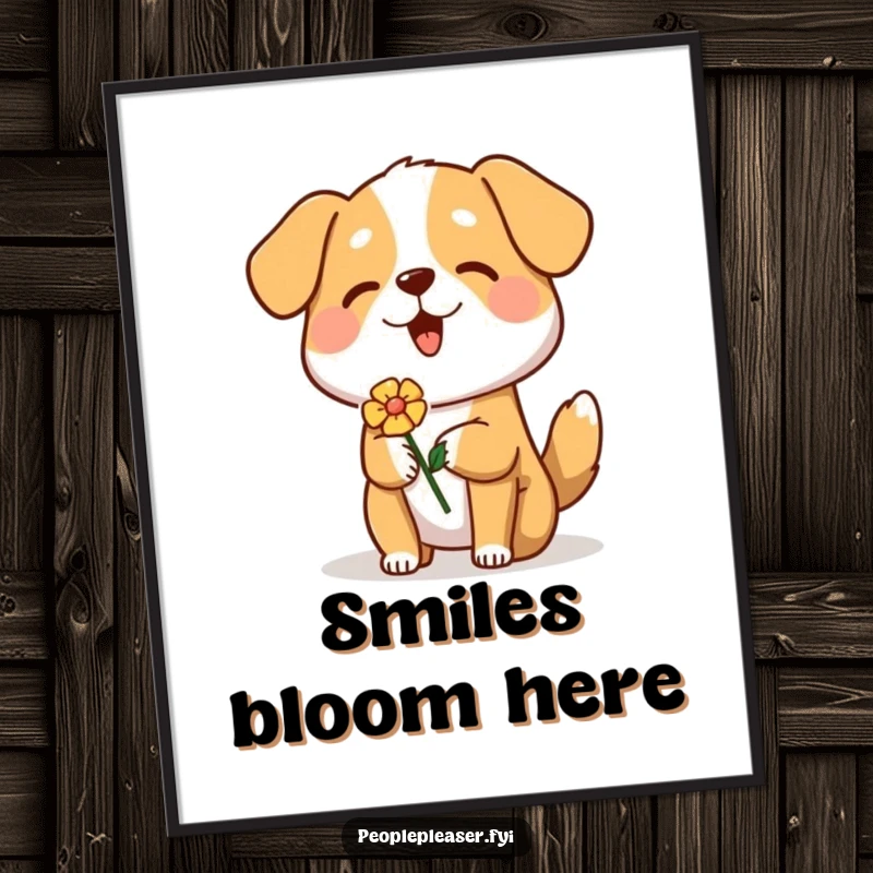 Funny Dog Poster depicting a happy dog offering a flower, adding a touch of cheerful art to any room.
