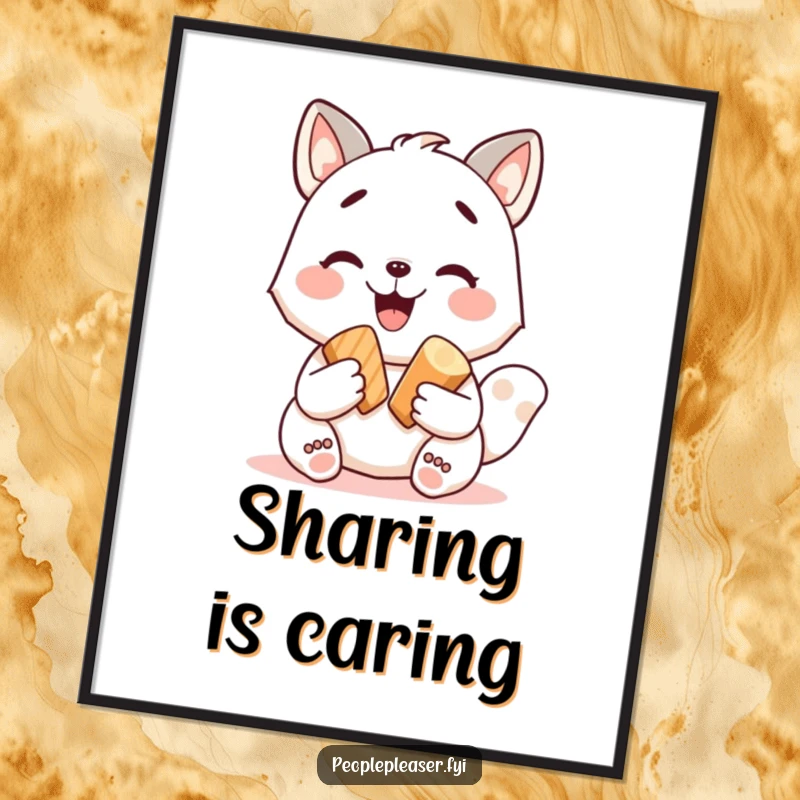 Funny poster art of a happy animal character gleefully sharing a tasty treat, designed to evoke smiles and warmth. A great funny gift.