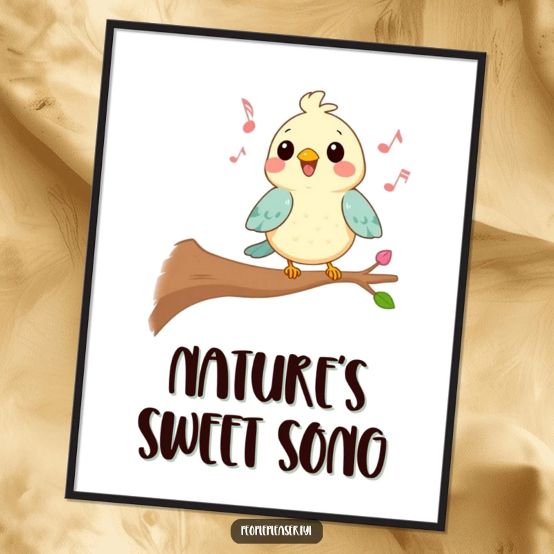 Funny Kawaii bird poster showing a character singing a cheerful tune from a branch, perfect for adding a joyful and musical touch to decor.
