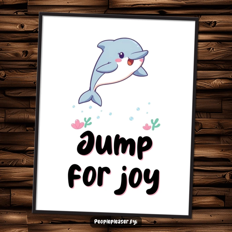 Funny Kawaii dolphin poster, a dynamic illustration of a dolphin jumping joyfully, radiating an invitation to play.
