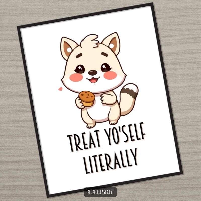 Funny poster displaying a cheerful animal character enthusiastically presenting a delightful treat, radiating positivity and fun.