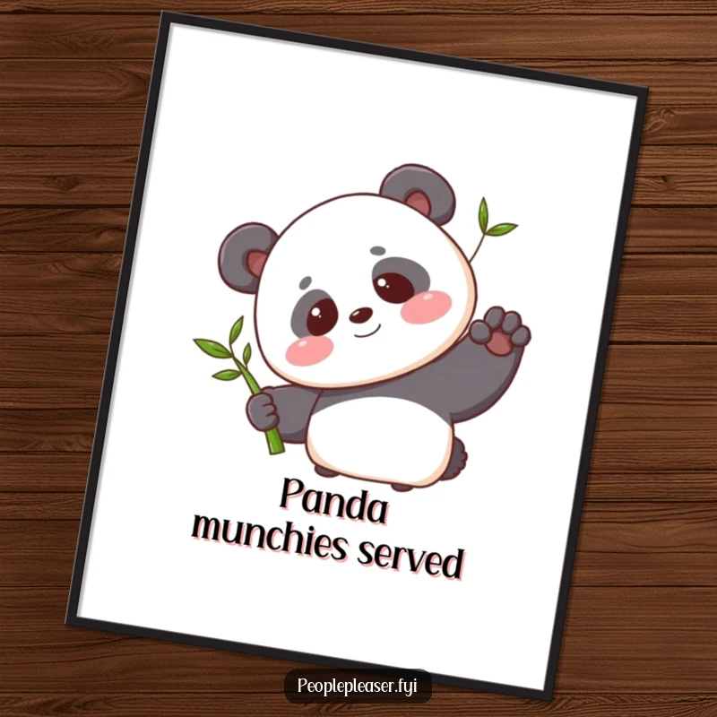 Funny poster featuring a blushing panda character offering a single bamboo shoot with a sweet smile, adding gentle charm to decor.