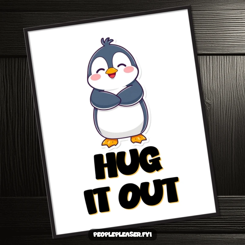 Funny Penguin Poster: A joyful penguin character gives a warm hug, radiating happiness and charm. Perfect funny gift!