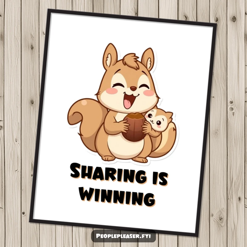 Funny squirrel poster featuring a delighted character sharing a nut, symbolizing friendship and kindness with a humorous and heartwarming appeal.