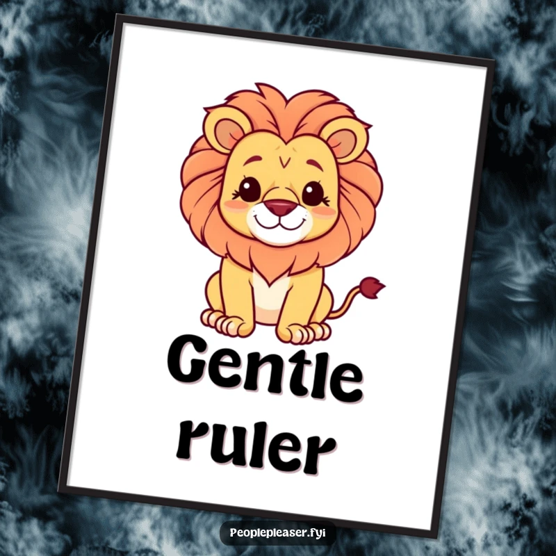 Funny poster art of a proud lion with a soft, gentle smile, conveying majesty and peace.