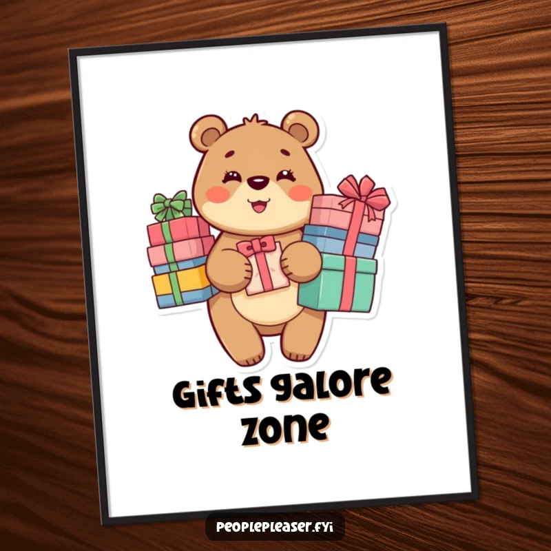 Funny Bear Poster depicting a beaming bear character holding a large stack of gifts, perfect for inspiring generosity.