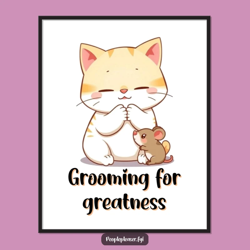 Funny Cat Grooming Mouse Poster: Cozy Wall Art for Pet Enthusiasts
