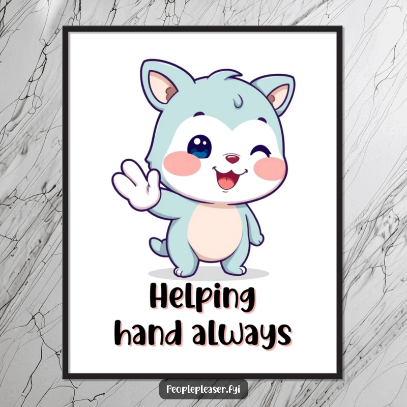 Funny smiling animal poster, reaching out a paw to offer help with a friendly smile, a humorous and encouraging wall art piece.