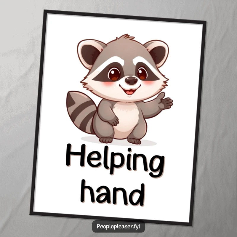 Funny raccoon poster featuring a curious character with a pleased expression offering a helping hand, adding helpfulness and humor to any wall.