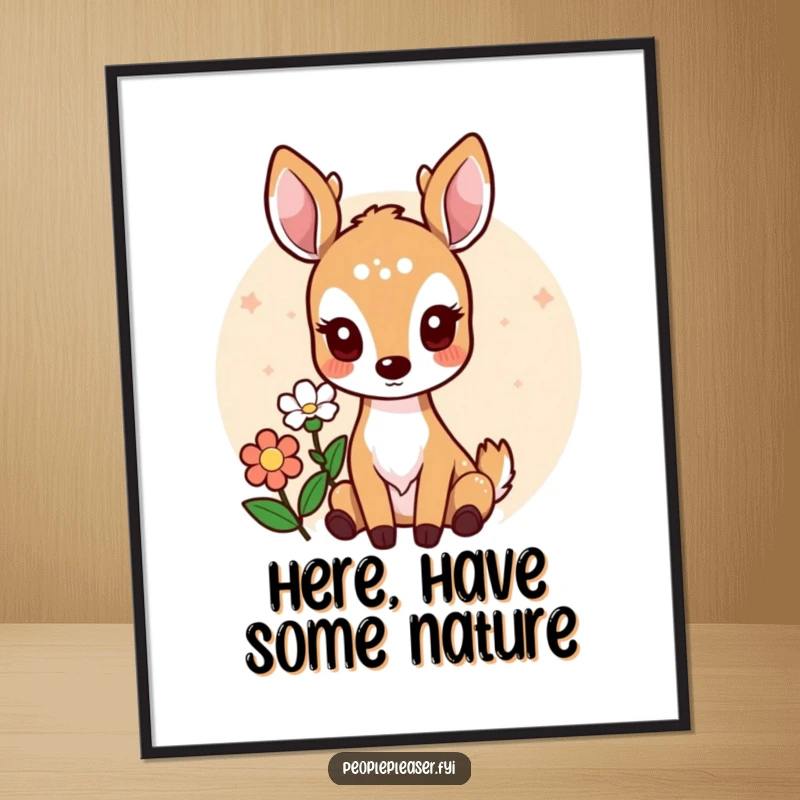 Funny poster print of a sweet deer character offering a vibrant flower, creating a heartwarming and whimsical wall art.