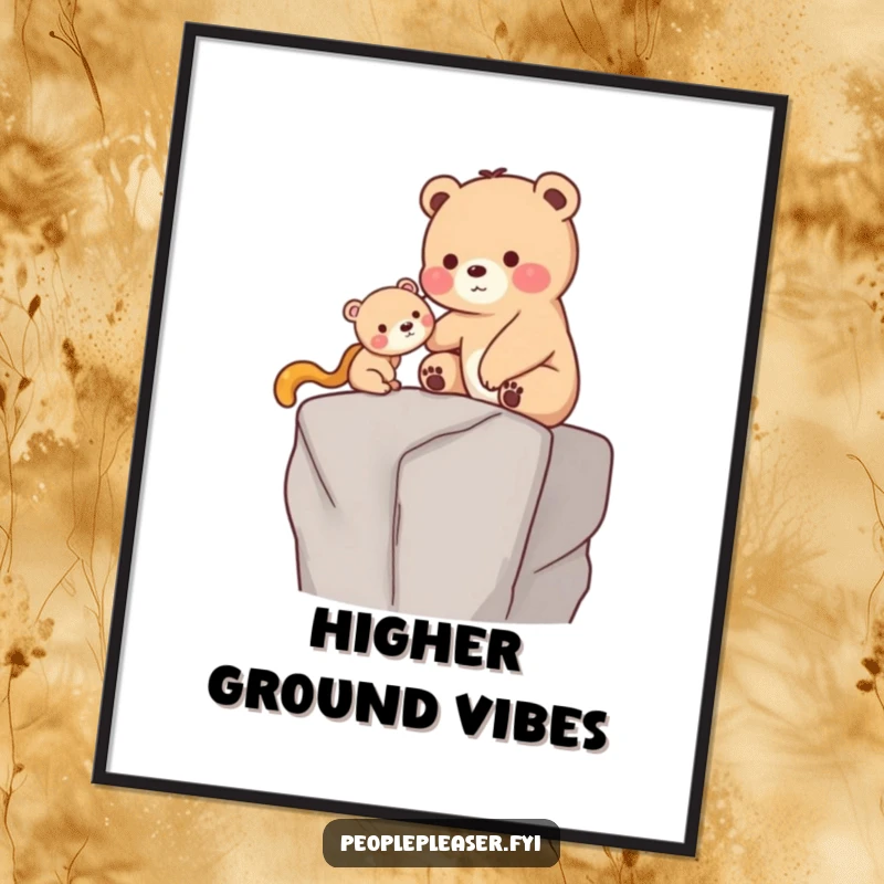 Funny Poster: A caring bear gently helps a smaller creature onto a high ledge, capturing a humorous and touching moment of assistance.