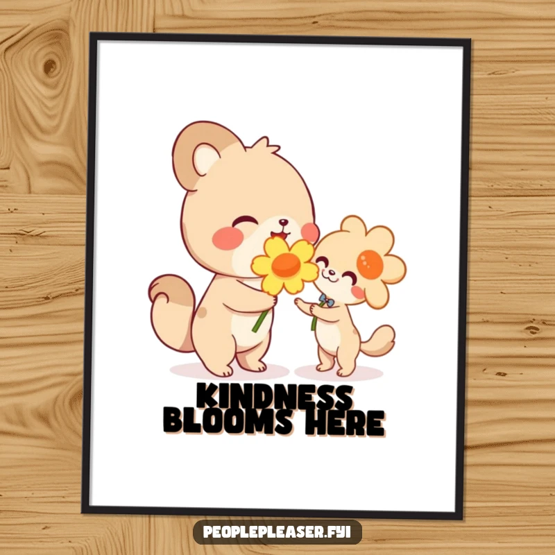 Funny poster, cute animal character beaming while handing a large flower, a humorous illustration of generosity and friendship for wall art.