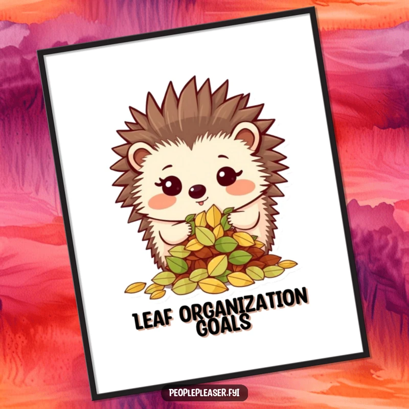 Funny poster featuring a proud hedgehog character showing off a neatly organized pile of leaves, bringing organized charm to decor.