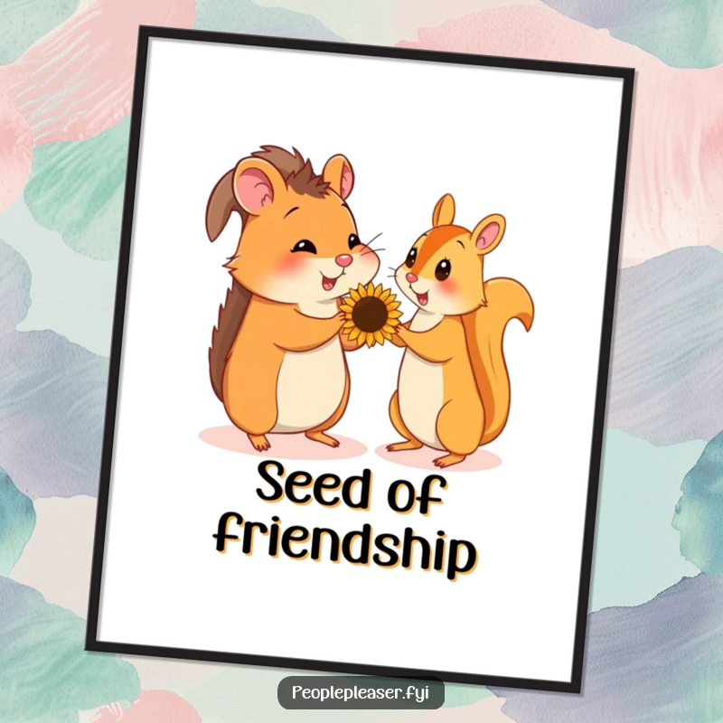 Funny poster showing a hamster offering a sunflower seed to a squirrel, a heartwarming depiction of friendship and sharing.