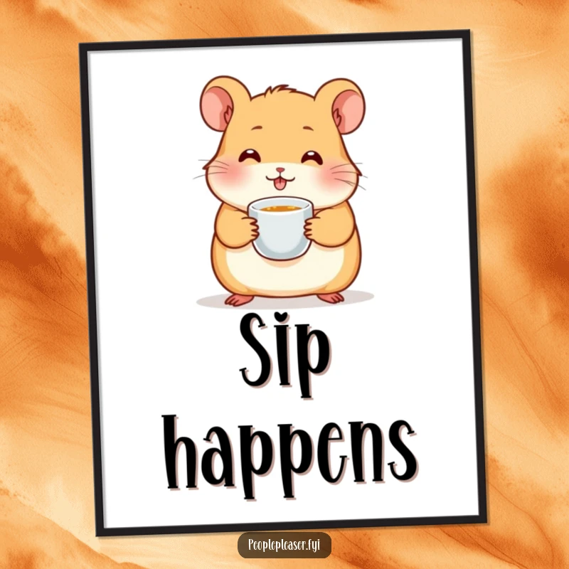Funny hamster poster featuring a cute character with a tiny teacup, adding whimsical charm and humor to any living space.
