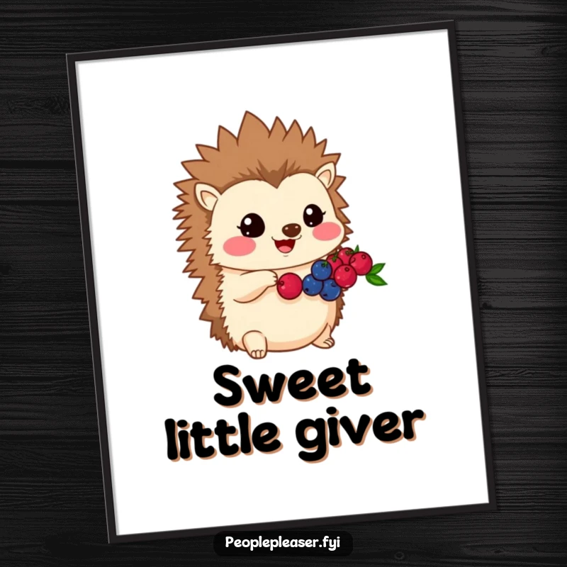 Funny Kawaii hedgehog poster showing a character sharing its berries, perfect for adding a kind and heartwarming touch to decor.
