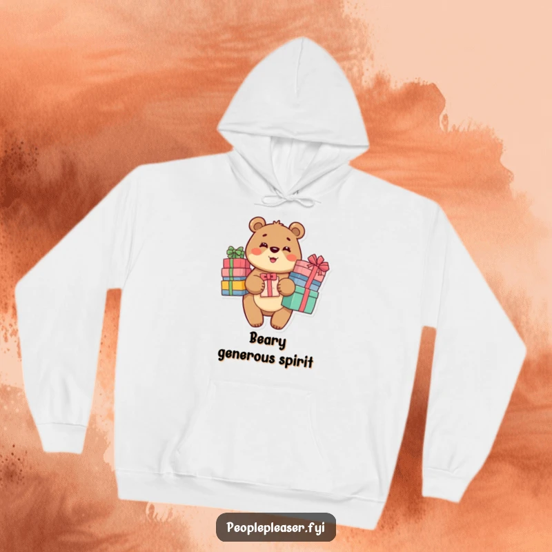 Funny Bear Hoodie featuring a smiling bear carrying a big stack of presents, perfect for cozy and thoughtful wear.