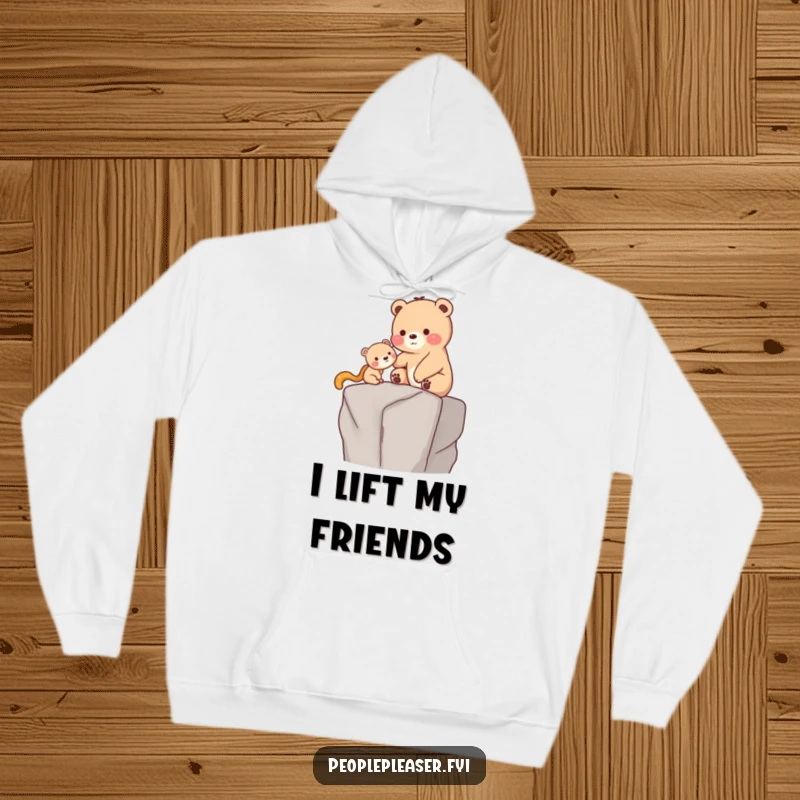 Funny Hoodie: A caring bear gently helps a smaller creature reach a high ledge, illustrating a humorous yet touching moment of aid.