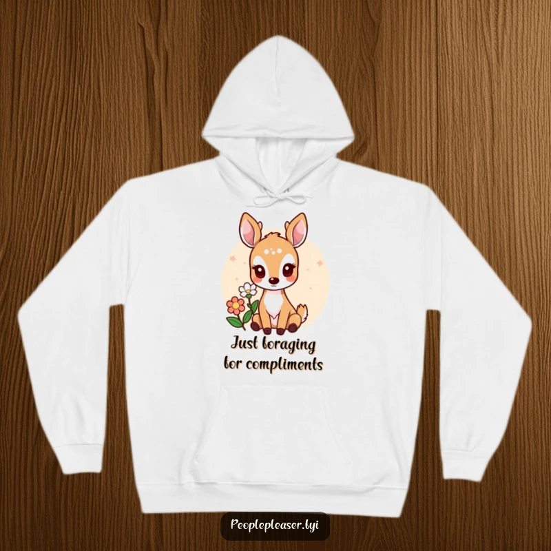 Funny hoodie showcasing a gentle deer offering a beautiful flower, radiating warmth and a touch of woodland whimsy.