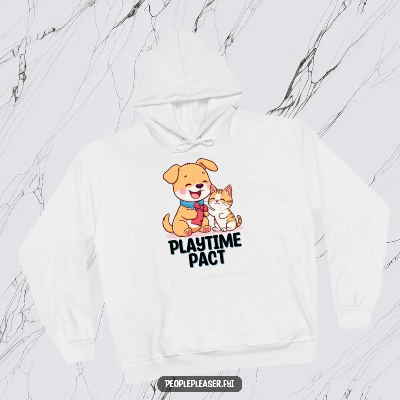 Funny hoodie with a happy dog offering a toy to a cat, cozy and heartwarming design.