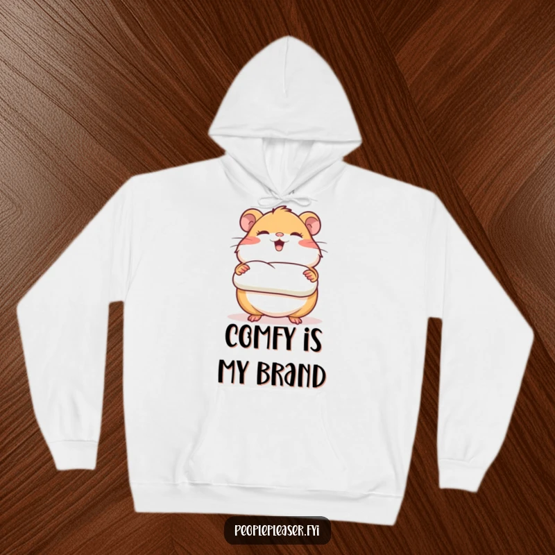 Funny hoodie featuring a giggling hamster character presenting a perfectly rolled piece of bedding, embodying ultimate coziness and comfort.